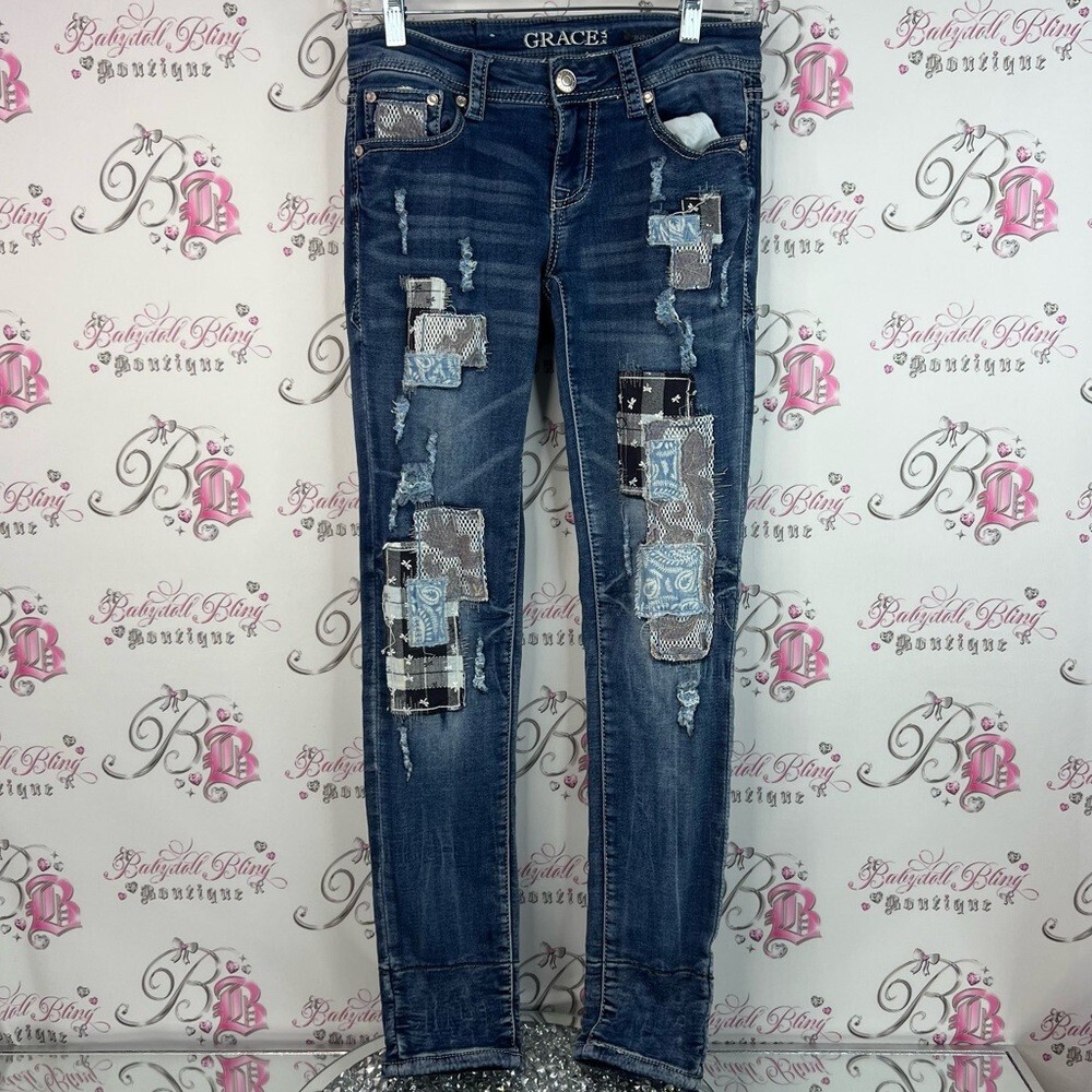 Grace in LA jeans skinny leg patches embroidered Blue Patchwork Skinny Jeans